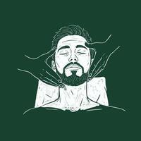 Man receiving relaxing neck massage with closed eyes on dark green background illustration vector