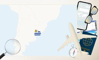 Uruguay map and flag, cargo plane on the detailed map of Uruguay with flag. vector