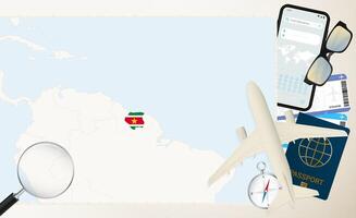 Suriname map and flag, cargo plane on the detailed map of Suriname with flag. vector