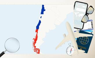Chile map and flag, cargo plane on the detailed map of Chile with flag. vector