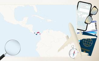 Panama map and flag, cargo plane on the detailed map of Panama with flag. vector
