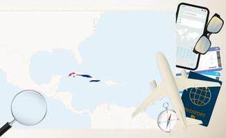 Cuba map and flag, cargo plane on the detailed map of Cuba with flag. vector