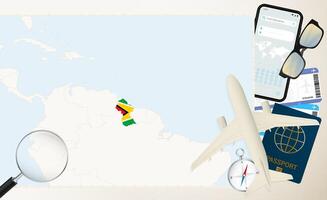Guyana map and flag, cargo plane on the detailed map of Guyana with flag. vector