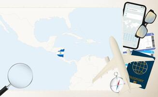 Nicaragua map and flag, cargo plane on the detailed map of Nicaragua with flag. vector