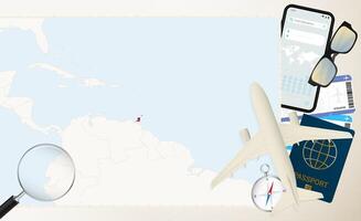 Trinidad and Tobago map and flag, cargo plane on the detailed map of Trinidad and Tobago with flag. vector