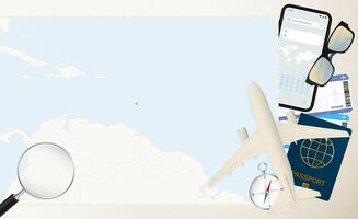 Saint Vincent and the Grenadines map and flag, cargo plane on the detailed map of Saint Vincent and the Grenadines with flag. vector