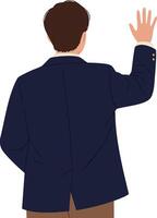 Man in navy blue jacket waving hand viewed from behind illustration vector