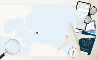 Haiti map and flag, cargo plane on the detailed map of Haiti with flag. vector
