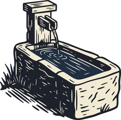 Rustic stone water fountain with flowing water and wooden spout natural outdoor illustration