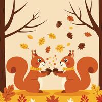Two playful squirrels holding acorns with falling autumn leaves in forest landscape with bare trees and warm colors illustration vector
