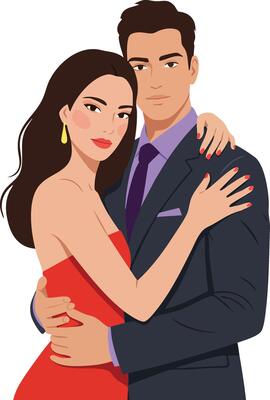 Romantic couple embracing in elegant attire with red dress and dark suit illustration for lifestyle and love themes