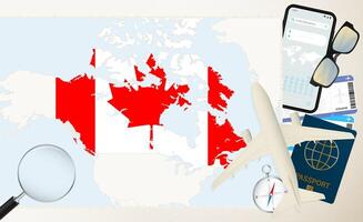 Canada map and flag, cargo plane on the detailed map of Canada with flag. vector