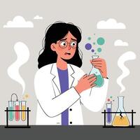 Female scientist working with colorful chemical liquids in laboratory wearing lab coat illustration vector