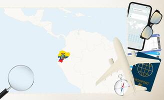 Ecuador map and flag, cargo plane on the detailed map of Ecuador with flag. vector