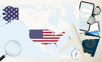 USA map and flag, cargo plane on the detailed map of USA with flag. vector