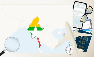 Myanmar map and flag, cargo plane on the detailed map of Myanmar with flag. vector
