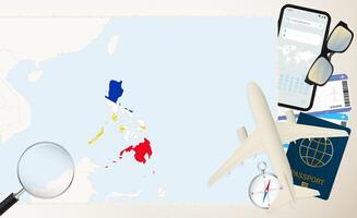 Philippines map and flag, cargo plane on the detailed map of Philippines with flag. vector