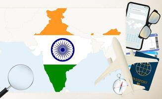 India map and flag, cargo plane on the detailed map of India with flag. vector