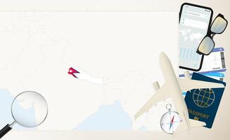 Nepal map and flag, cargo plane on the detailed map of Nepal with flag. vector