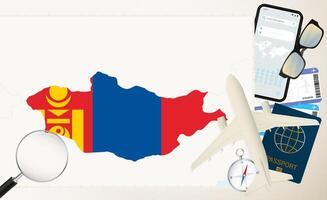 Mongolia map and flag, cargo plane on the detailed map of Mongolia with flag. vector