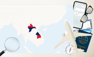 Laos map and flag, cargo plane on the detailed map of Laos with flag. vector