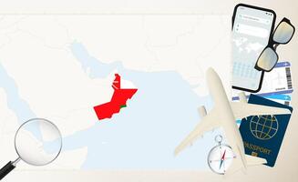 Oman map and flag, cargo plane on the detailed map of Oman with flag. vector