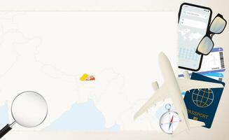 Bhutan map and flag, cargo plane on the detailed map of Bhutan with flag. vector