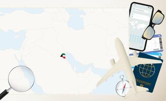 Kuwait map and flag, cargo plane on the detailed map of Kuwait with flag. vector