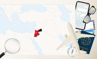 Jordan map and flag, cargo plane on the detailed map of Jordan with flag. vector
