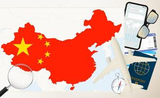 China map and flag, cargo plane on the detailed map of China with flag. vector