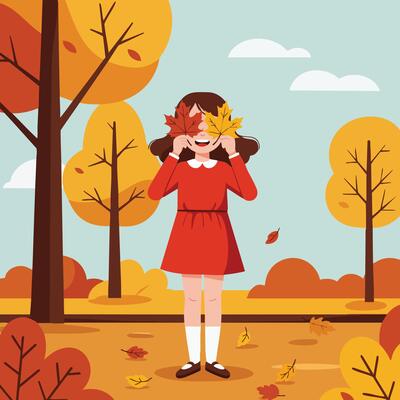 Girl playing with autumn leaves in forest with orange yellow trees and falling foliage illustration
