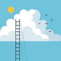 Ladder reaching into blue sky with white clouds and flying birds under bright sun illustration vector