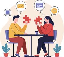 Two people collaborating with puzzle pieces teamwork and communication concept illustration vector