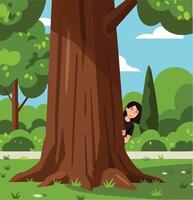 Woman hiding behind large tree trunk in green park with bushes and blue sky in natural setting illustration vector
