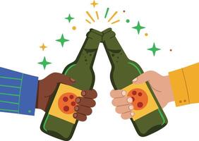 Two hands clinking green beer bottles with sparkling celebration and diverse skin tones in flat illustration vector