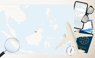 Brunei map and flag, cargo plane on the detailed map of Brunei with flag. vector