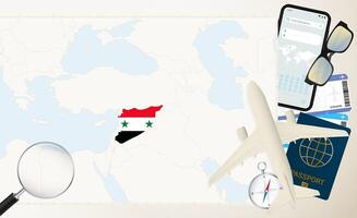 Syria map and flag, cargo plane on the detailed map of Syria with flag. vector