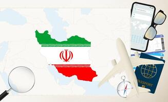 Iran map and flag, cargo plane on the detailed map of Iran with flag. vector