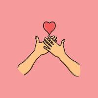 A pair of hands intertwined beneath a heart symbol, representing love, unity, and self care, depicted against a soft pink background, conveying a message of togetherness and emotional bonding. vector
