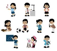 A collection of illustrations featuring students engaged in various school subject activities. Perfect for educational materials, classroom visuals, and academic themed designs. vector