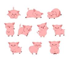 A cute cartoon pig illustration set featuring the pig in various playful and expressive poses. Perfect for children designs, educational materials, farm themed projects, and character collections. vector