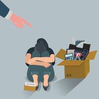 Woman depressed, fired with pointing hand and the box with office things. Fired concept illustration vector
