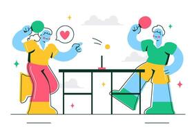 Flat Cartoon of a Table Tennis Game with Paddle Hitting the Ball vector