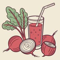 A glass of beet juice with leaves and a straw vector