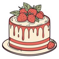 A cake with strawberries on top and drizzled with cream vector