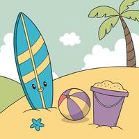 A cartoon beach scene with a surfboard, a bucket and a beach ball vector