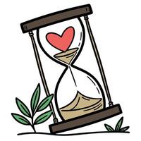 An hourglass with a heart inside it and a plant vector