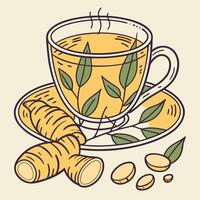 A cup of tea with a ginger root and a nut vector