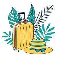 A suitcase, hat and sunglasses are next to a palm leaf vector
