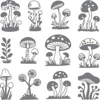 Twelve Gray Scale Mushroom Silhouettes Set Botanical Illustrations Nature Design Elements Various Shapes and Sizes Forest Fungi Collection vector
